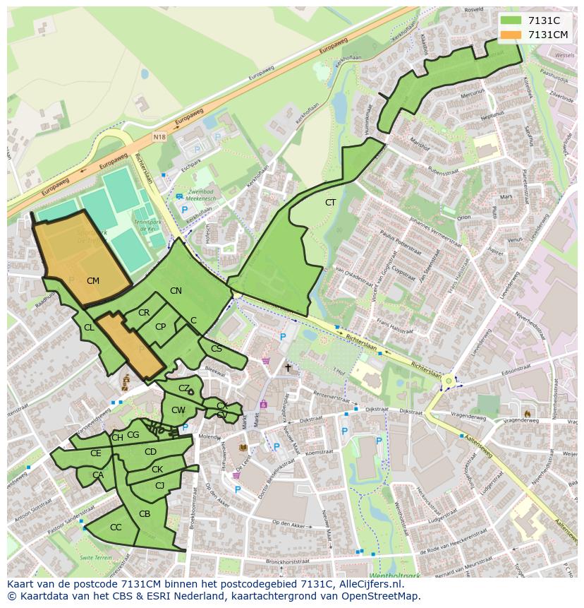 Afbeelding van het postcodegebied 7131 CM op de kaart.
