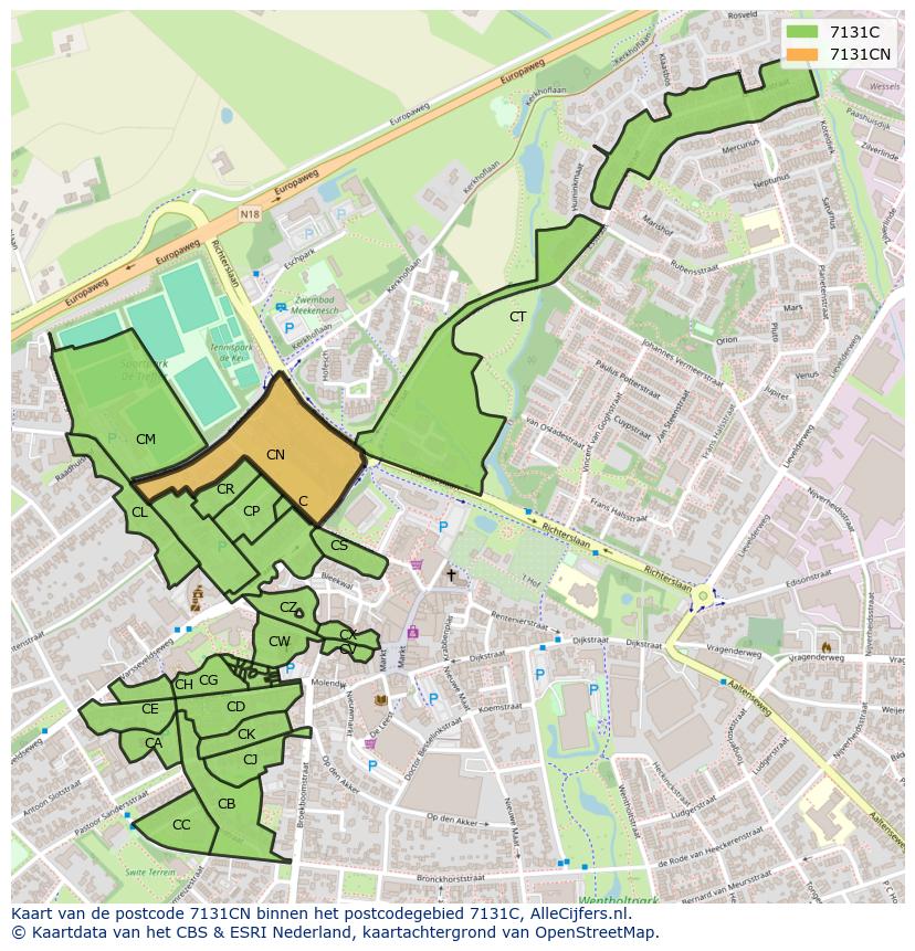 Afbeelding van het postcodegebied 7131 CN op de kaart.
