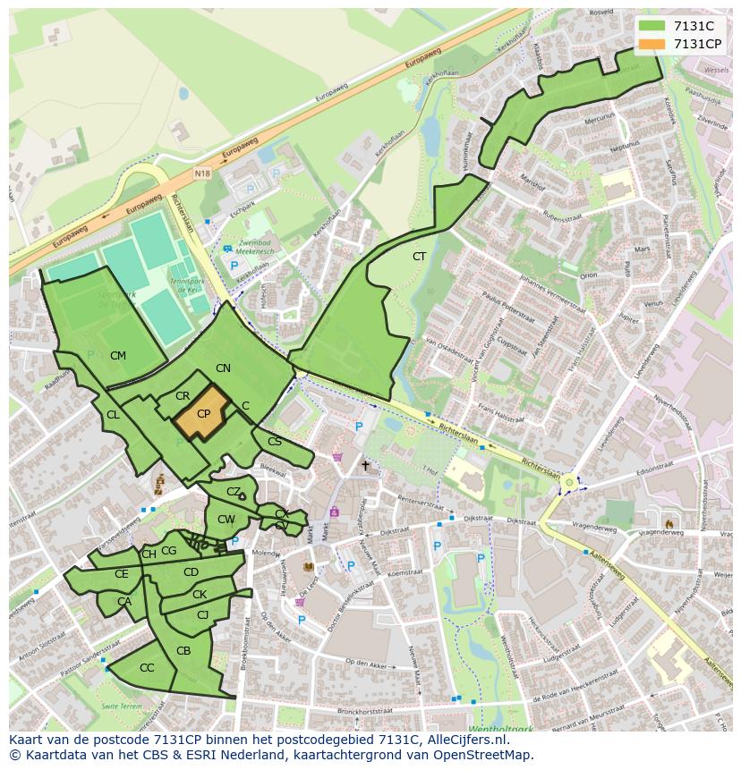 Afbeelding van het postcodegebied 7131 CP op de kaart.