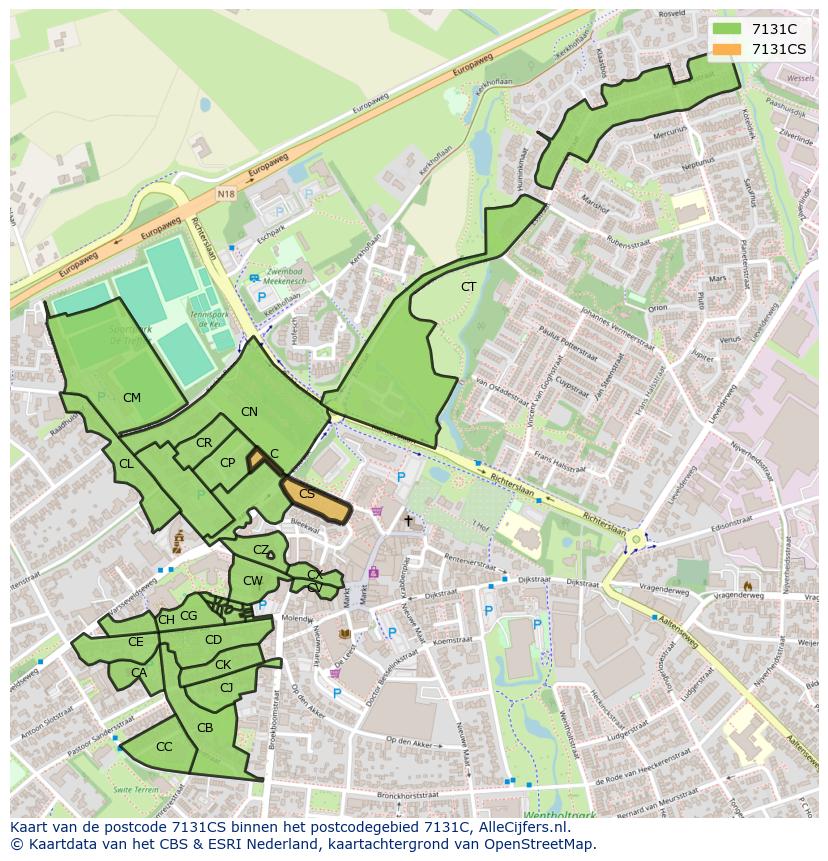 Afbeelding van het postcodegebied 7131 CS op de kaart.