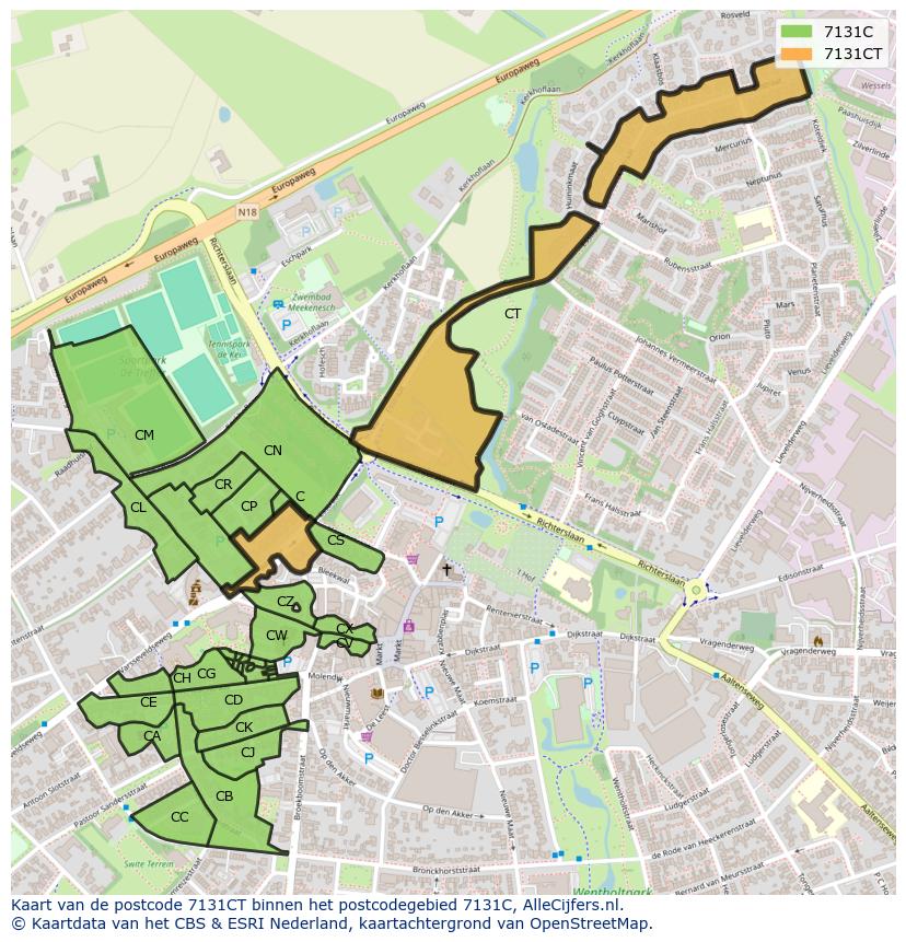 Afbeelding van het postcodegebied 7131 CT op de kaart.