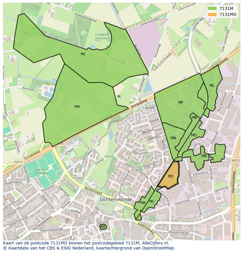 Afbeelding van het postcodegebied 7131 MD op de kaart.