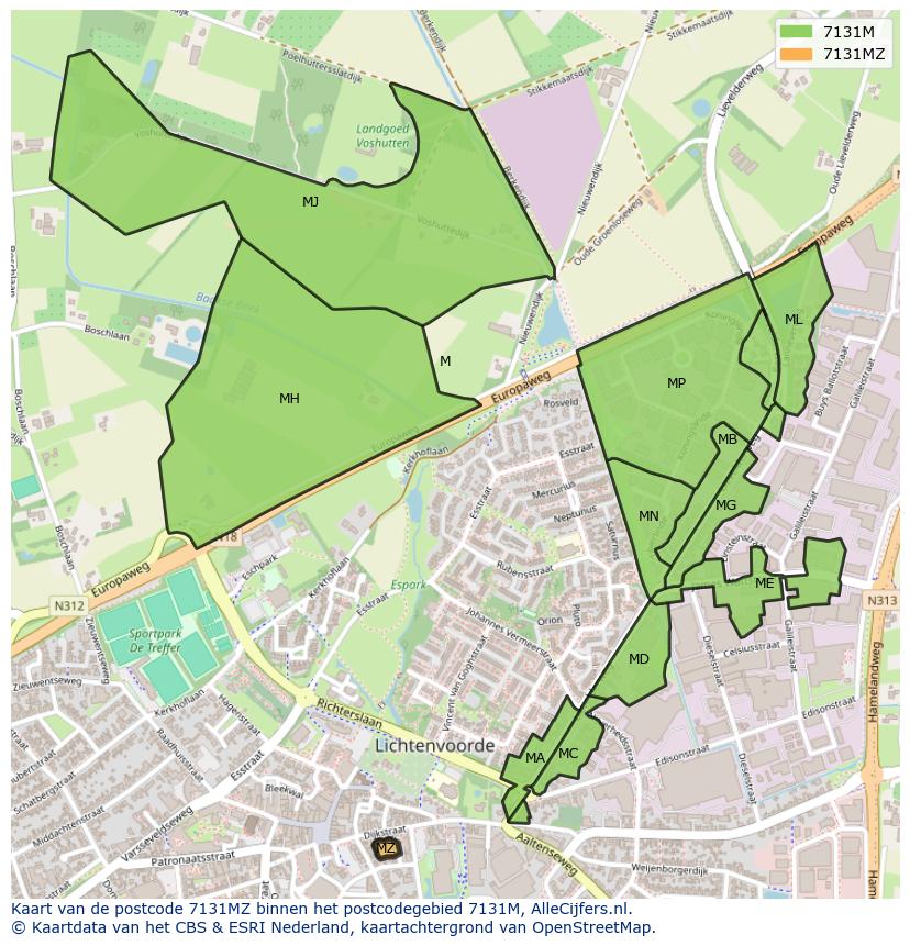 Afbeelding van het postcodegebied 7131 MZ op de kaart.