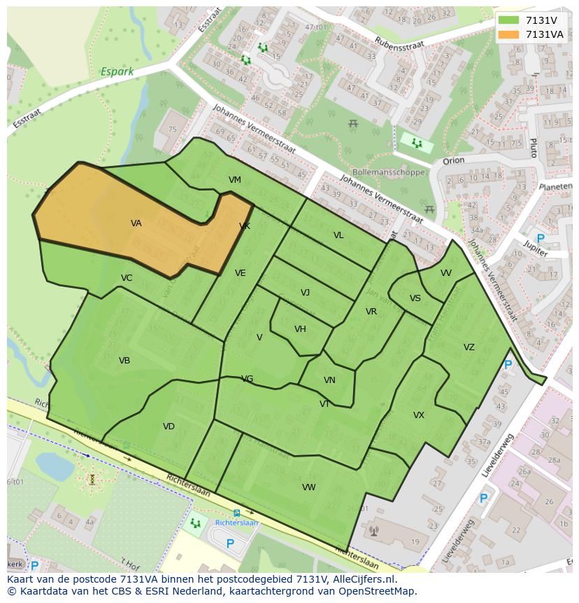 Afbeelding van het postcodegebied 7131 VA op de kaart.