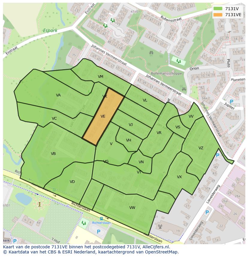 Afbeelding van het postcodegebied 7131 VE op de kaart.