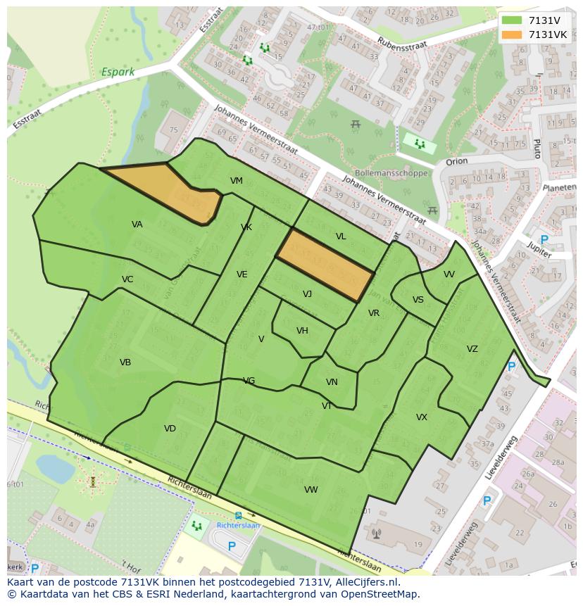 Afbeelding van het postcodegebied 7131 VK op de kaart.