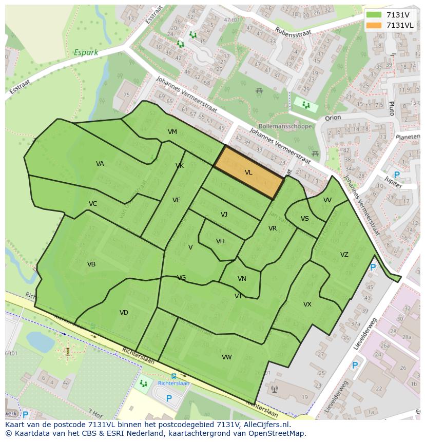Afbeelding van het postcodegebied 7131 VL op de kaart.