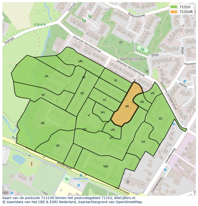 Afbeelding van het postcodegebied 7131 VR op de kaart.