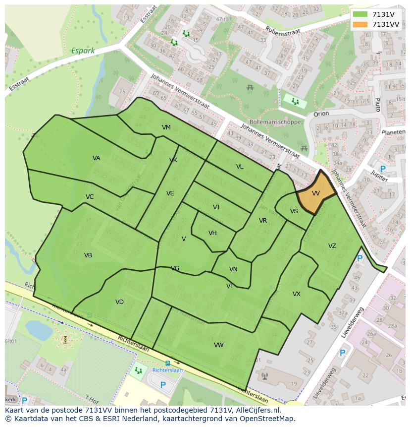 Afbeelding van het postcodegebied 7131 VV op de kaart.