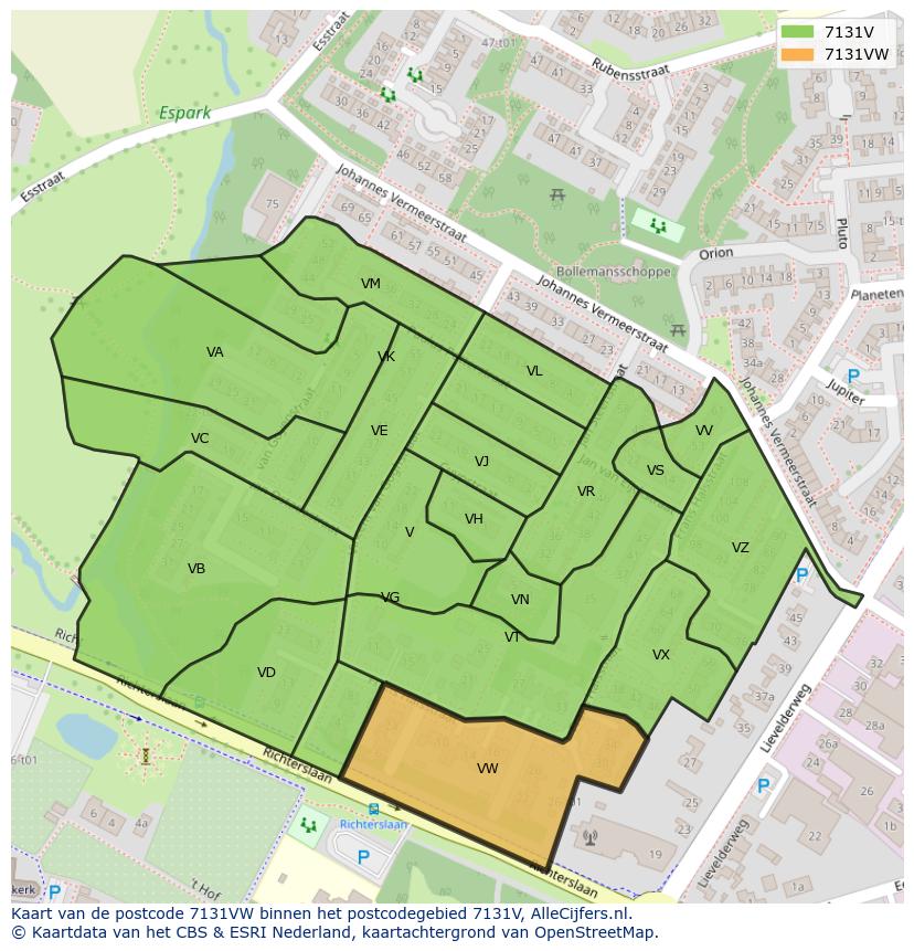 Afbeelding van het postcodegebied 7131 VW op de kaart.