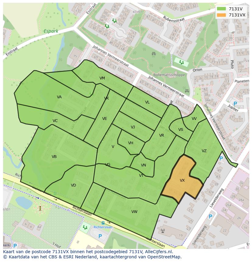 Afbeelding van het postcodegebied 7131 VX op de kaart.