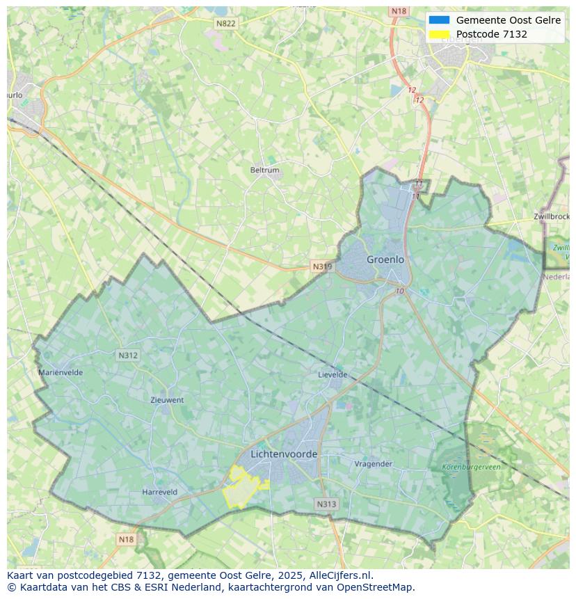 Afbeelding van het postcodegebied 7132 op de kaart.