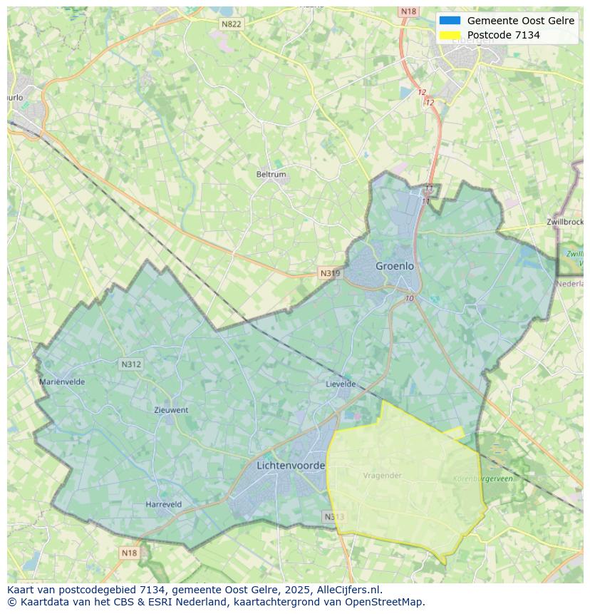 Afbeelding van het postcodegebied 7134 op de kaart.