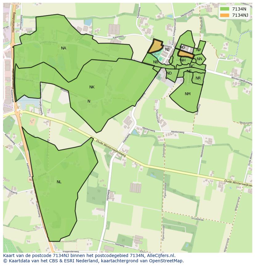 Afbeelding van het postcodegebied 7134 NJ op de kaart.