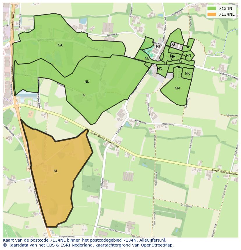 Afbeelding van het postcodegebied 7134 NL op de kaart.