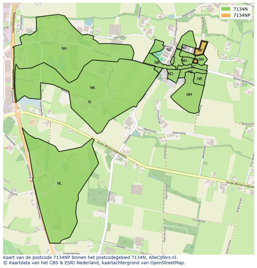 Afbeelding van het postcodegebied 7134 NP op de kaart.