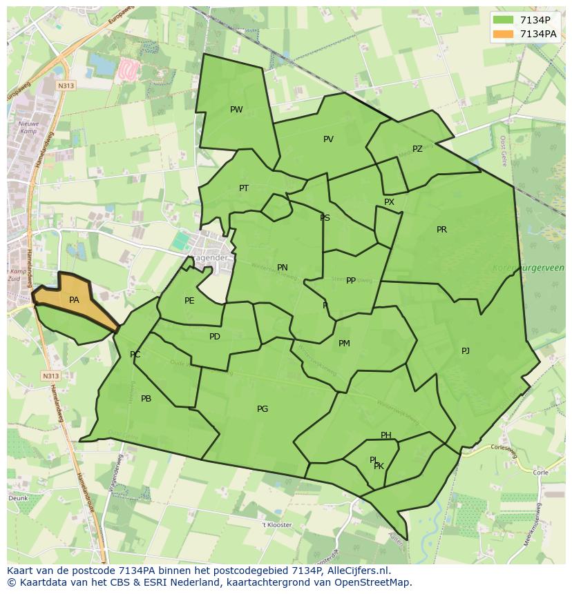 Afbeelding van het postcodegebied 7134 PA op de kaart.