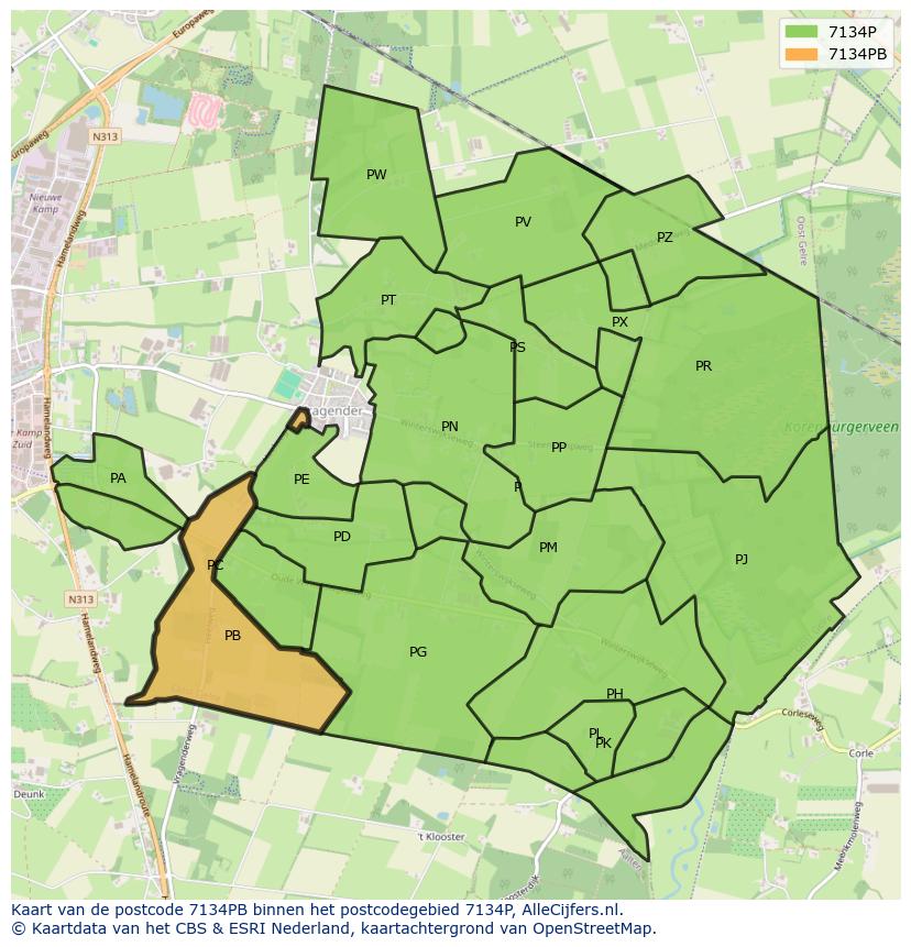 Afbeelding van het postcodegebied 7134 PB op de kaart.