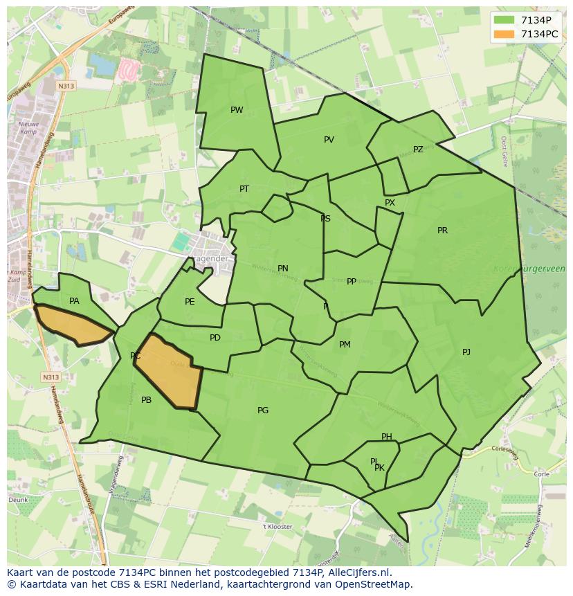 Afbeelding van het postcodegebied 7134 PC op de kaart.
