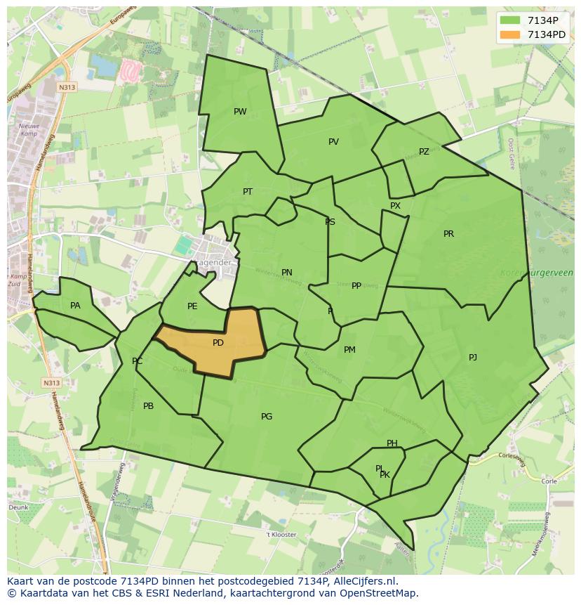Afbeelding van het postcodegebied 7134 PD op de kaart.