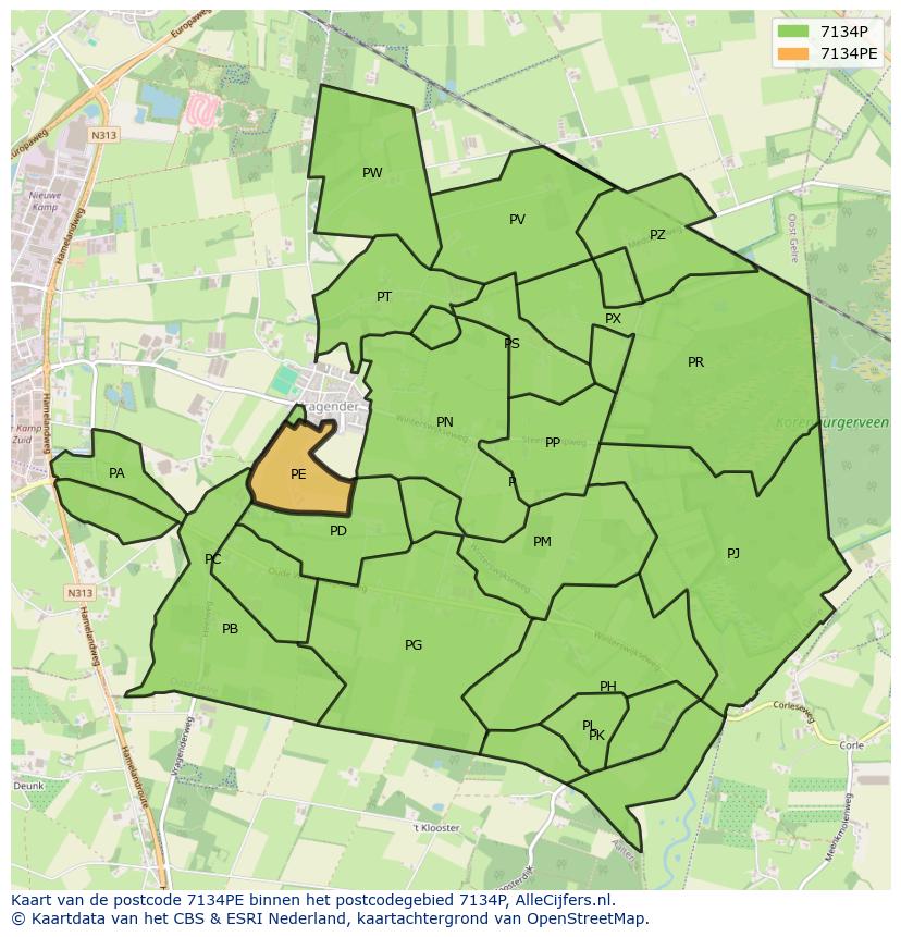 Afbeelding van het postcodegebied 7134 PE op de kaart.