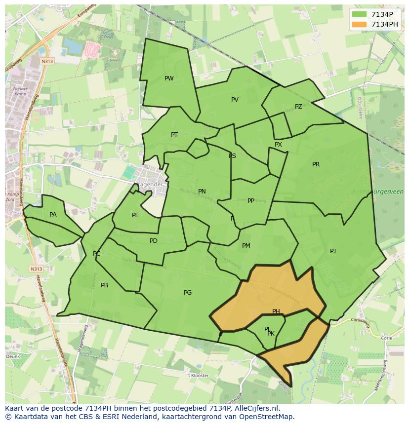 Afbeelding van het postcodegebied 7134 PH op de kaart.