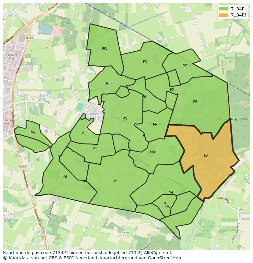 Afbeelding van het postcodegebied 7134 PJ op de kaart.