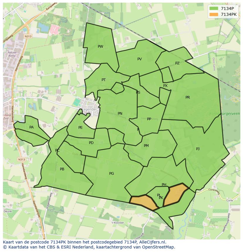 Afbeelding van het postcodegebied 7134 PK op de kaart.