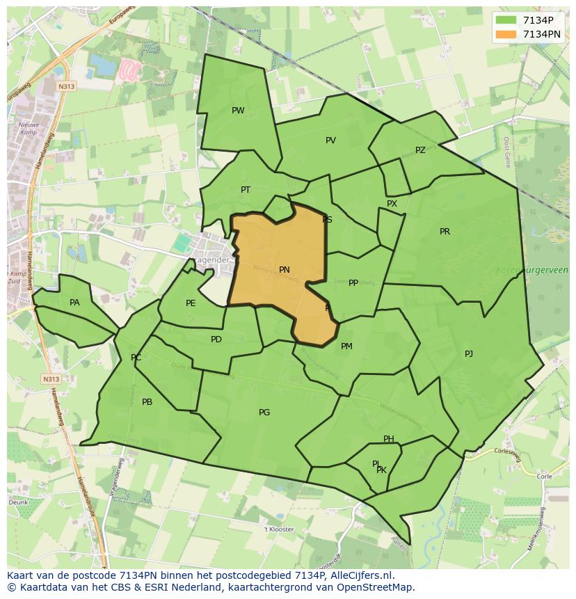 Afbeelding van het postcodegebied 7134 PN op de kaart.