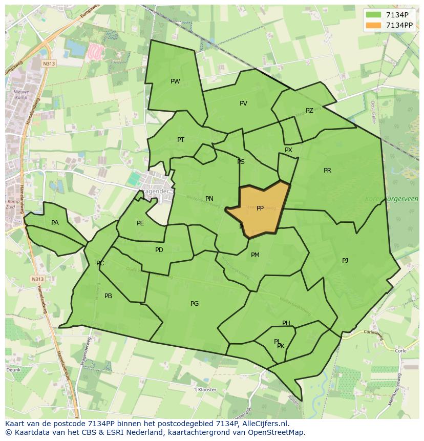 Afbeelding van het postcodegebied 7134 PP op de kaart.
