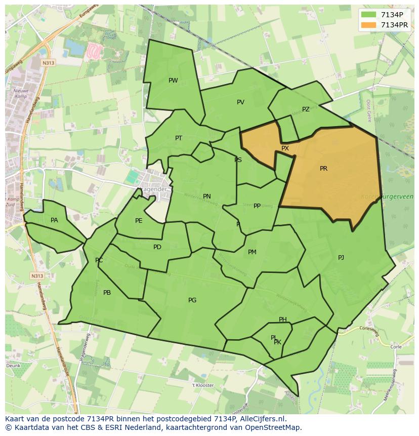 Afbeelding van het postcodegebied 7134 PR op de kaart.