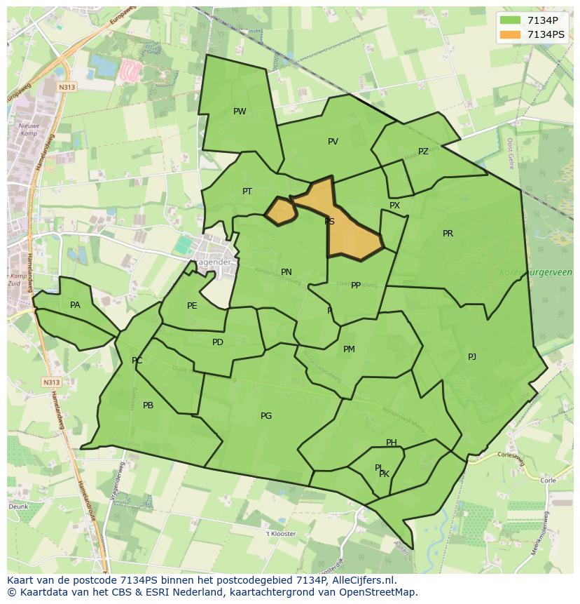 Afbeelding van het postcodegebied 7134 PS op de kaart.