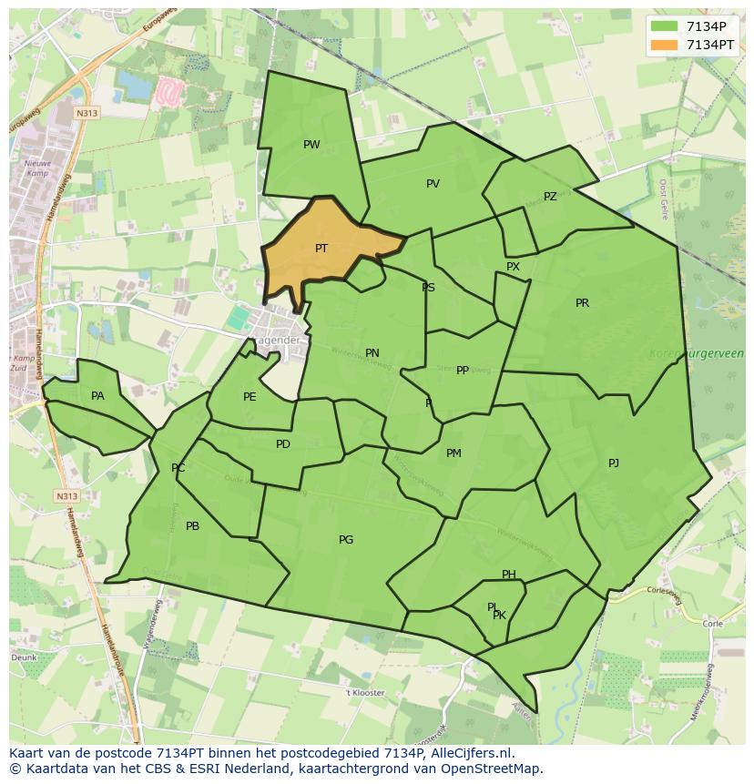 Afbeelding van het postcodegebied 7134 PT op de kaart.