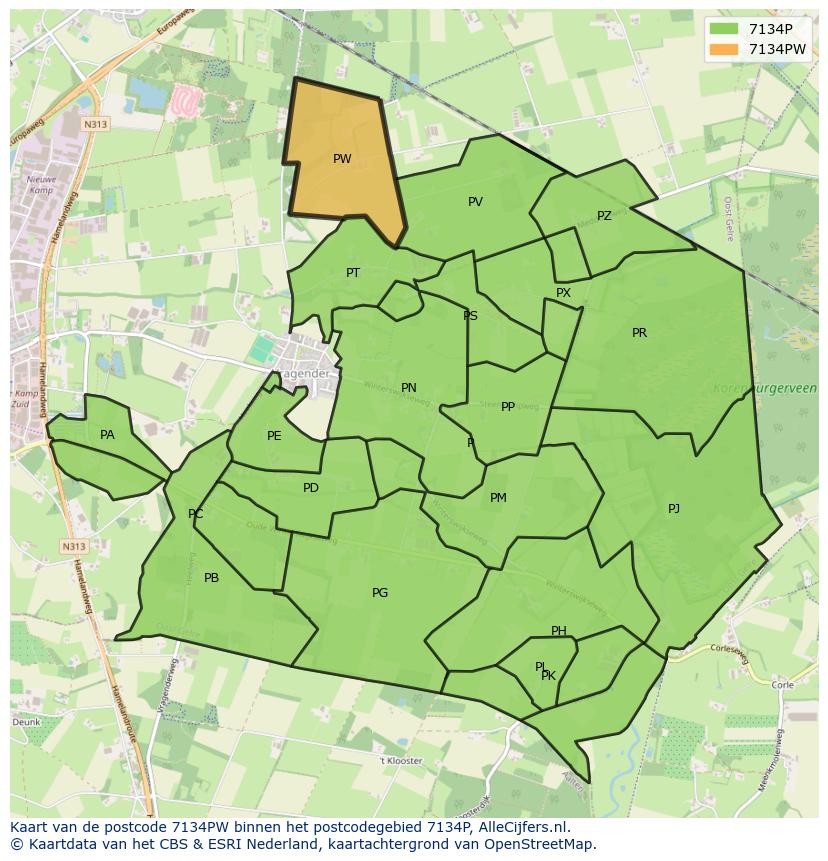 Afbeelding van het postcodegebied 7134 PW op de kaart.