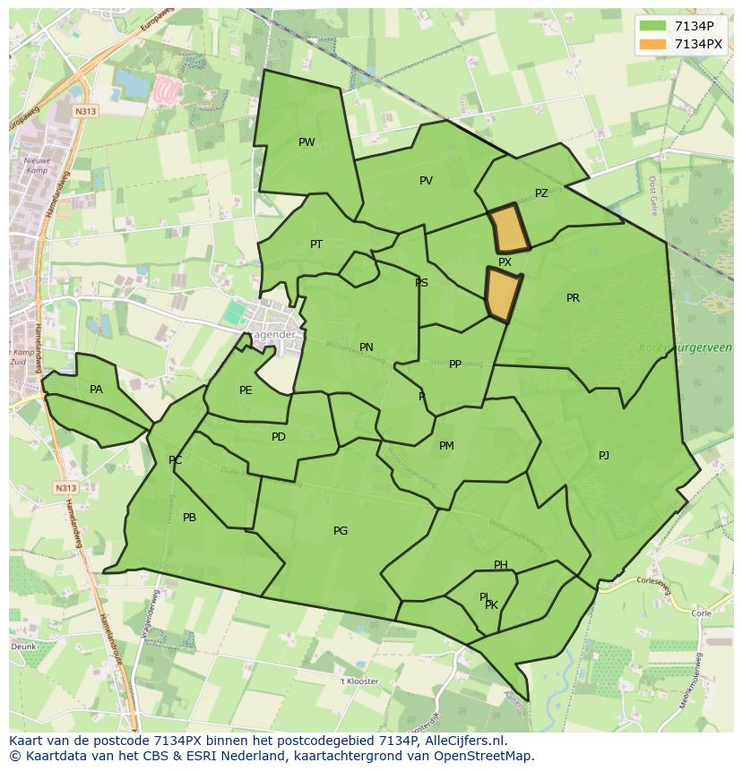 Afbeelding van het postcodegebied 7134 PX op de kaart.