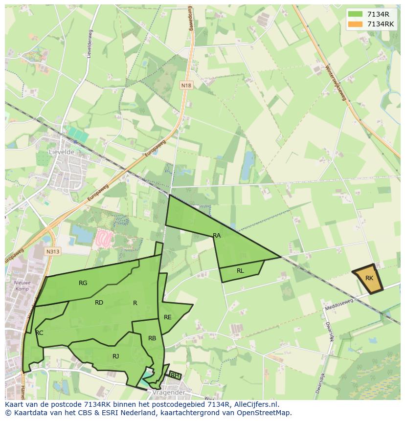 Afbeelding van het postcodegebied 7134 RK op de kaart.