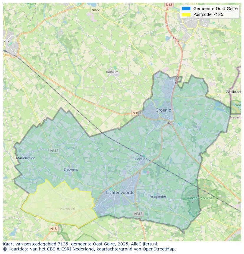 Afbeelding van het postcodegebied 7135 op de kaart.