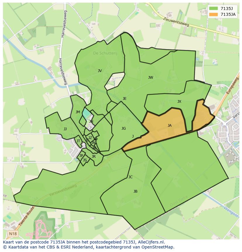 Afbeelding van het postcodegebied 7135 JA op de kaart.