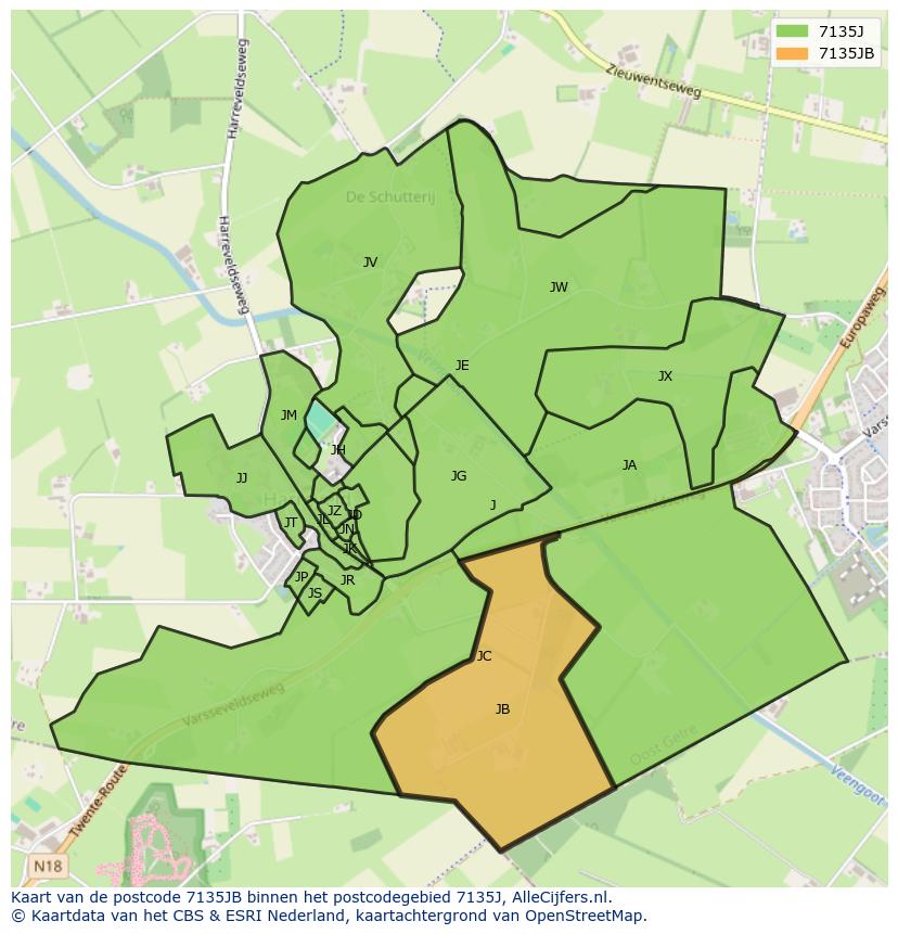 Afbeelding van het postcodegebied 7135 JB op de kaart.