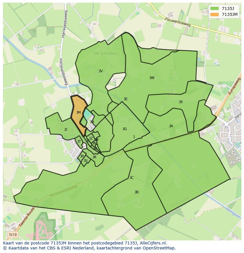 Afbeelding van het postcodegebied 7135 JM op de kaart.