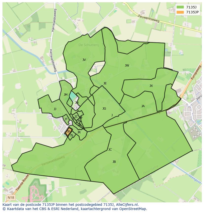 Afbeelding van het postcodegebied 7135 JP op de kaart.