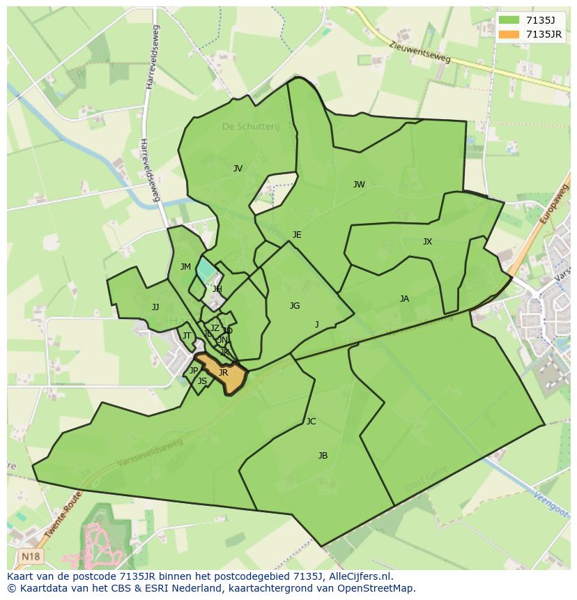 Afbeelding van het postcodegebied 7135 JR op de kaart.