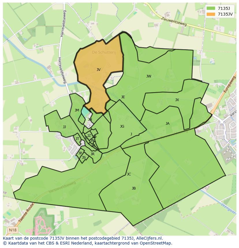 Afbeelding van het postcodegebied 7135 JV op de kaart.