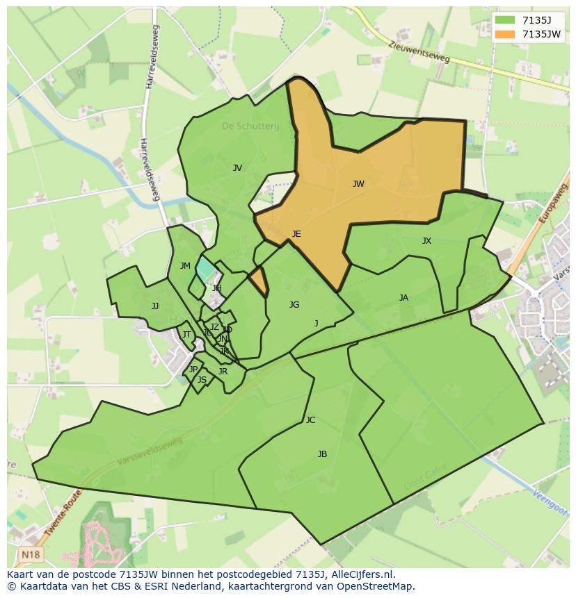 Afbeelding van het postcodegebied 7135 JW op de kaart.