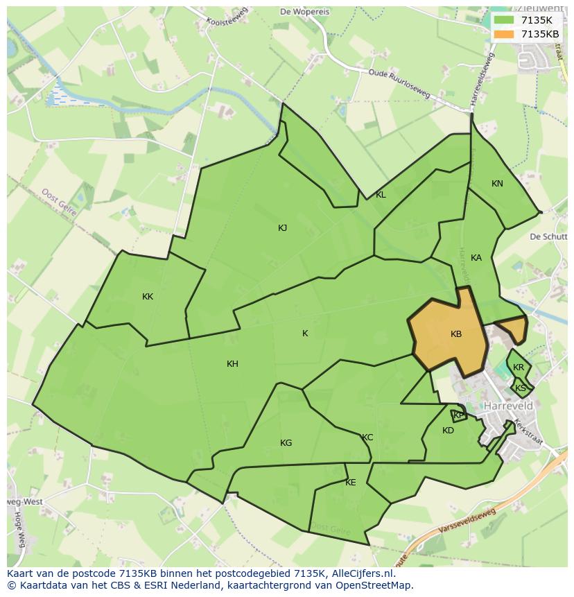 Afbeelding van het postcodegebied 7135 KB op de kaart.