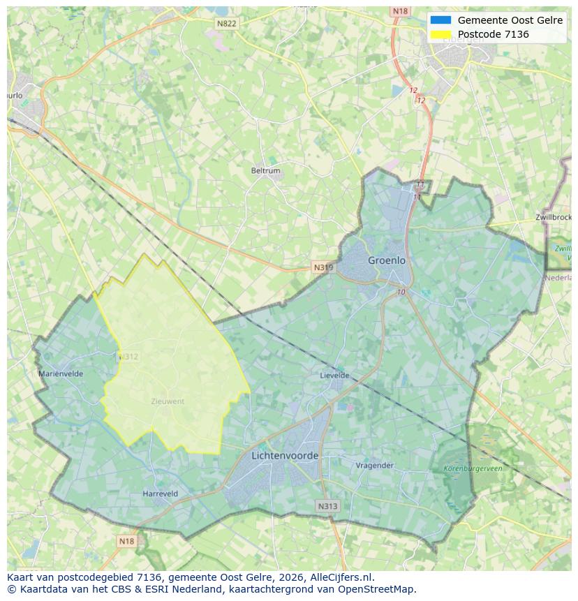 Afbeelding van het postcodegebied 7136 op de kaart.