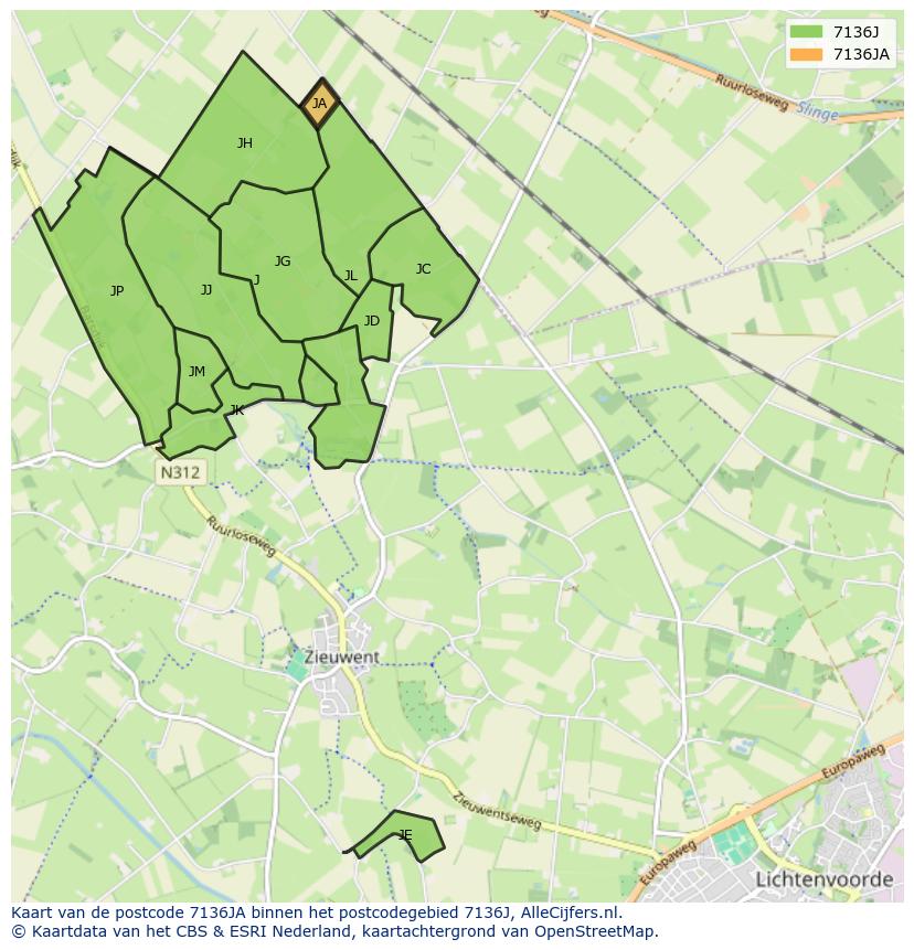 Afbeelding van het postcodegebied 7136 JA op de kaart.
