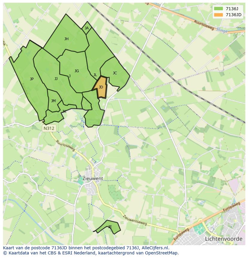 Afbeelding van het postcodegebied 7136 JD op de kaart.