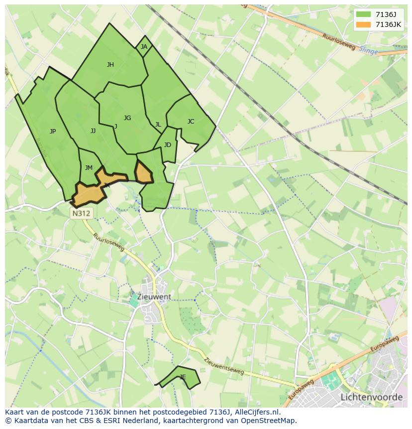 Afbeelding van het postcodegebied 7136 JK op de kaart.