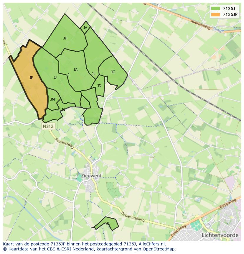 Afbeelding van het postcodegebied 7136 JP op de kaart.